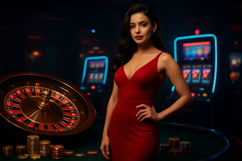 Elegant woman in red dress near roulette and slot machines with neon accents and gold coins in a luxury casino setting