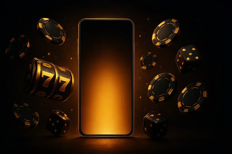 Glowing smartphone surrounded by casino chips, slot reels, and dice on a dark luxurious background